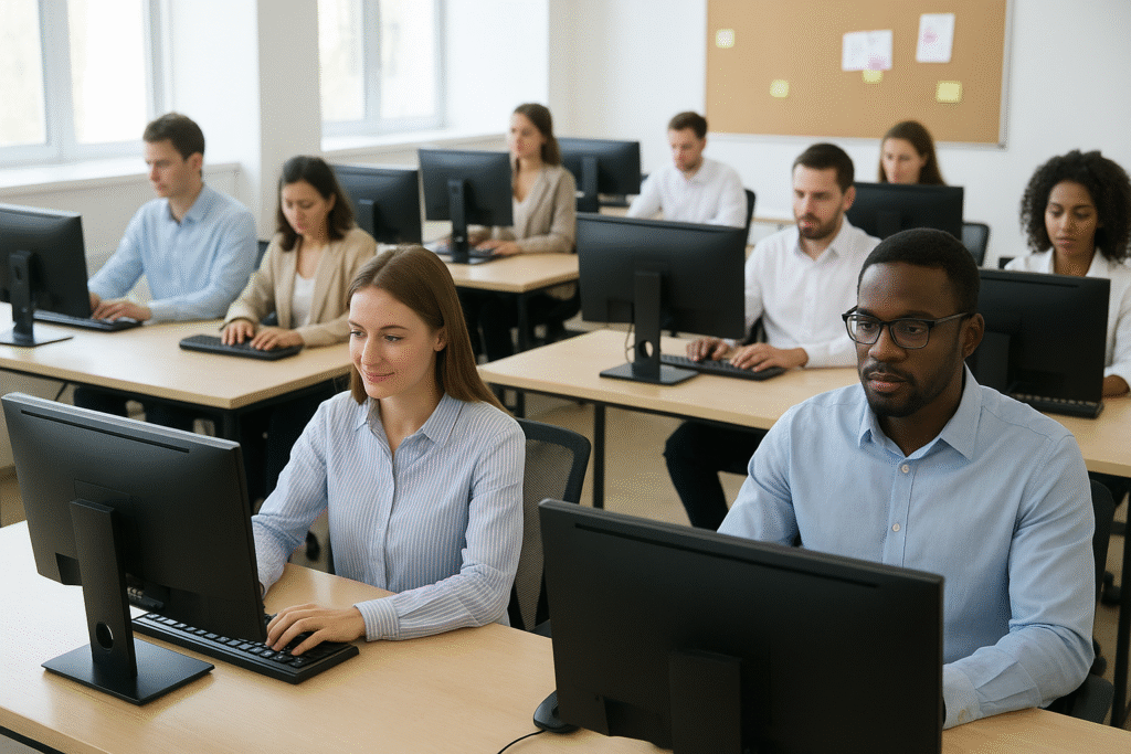 “Large team working in office using refurbished desktops”